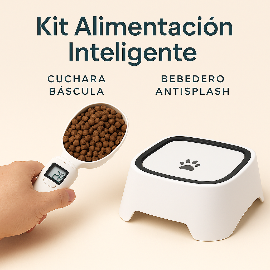 Kit Alimentación Inteligente – Cuchara Báscula + Bebedero Antisplash